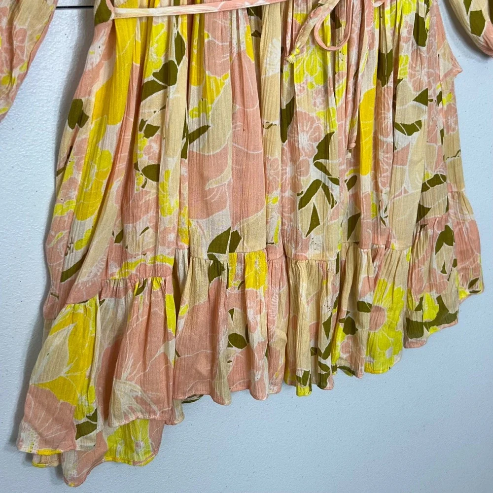 Free‎ People Tunic Top Mini Dress XS Yellow Floral Wrap Tiered Ruffle Boho Gauze